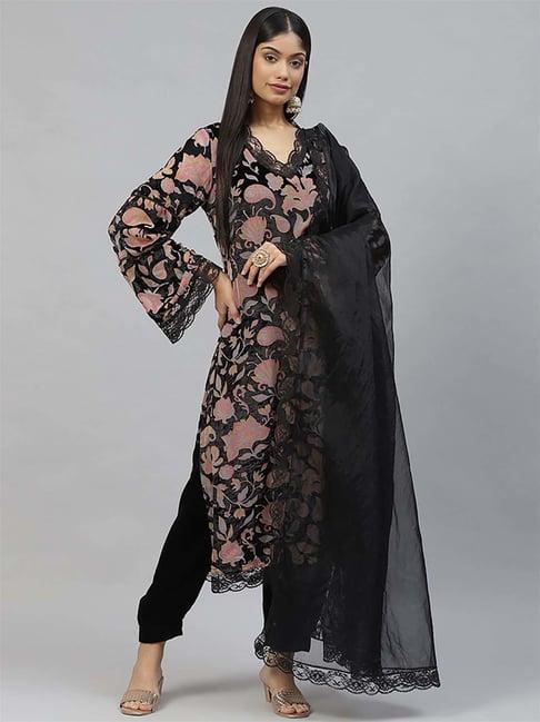 divena black floral print kurta pant set with dupatta