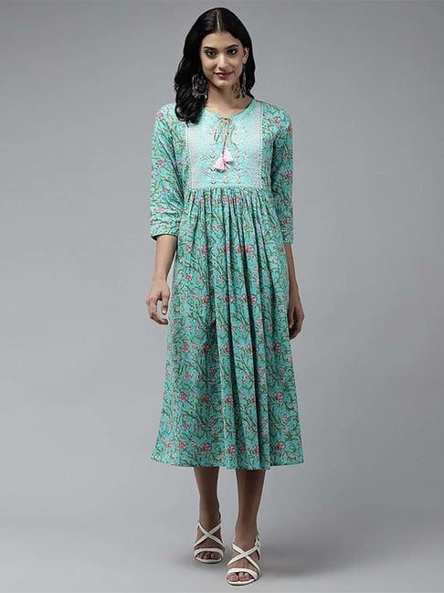 yufta green pure cotton printed a-line dress