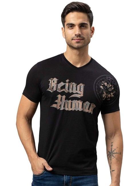 being human black cotton slim fit printed t-shirt