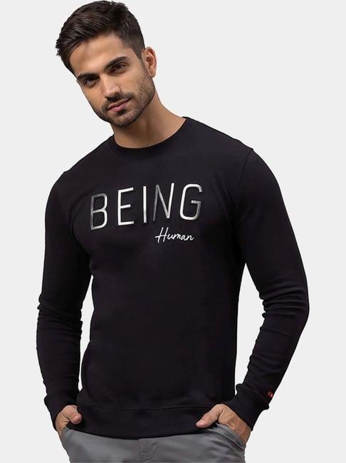 being human jet black cotton regular fit printed sweatshirts