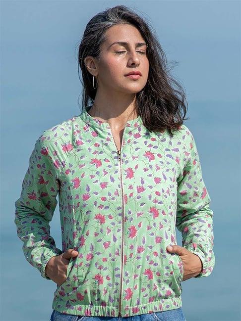 okhai lagom pista green pure cotton hand embroidered bomber jacket