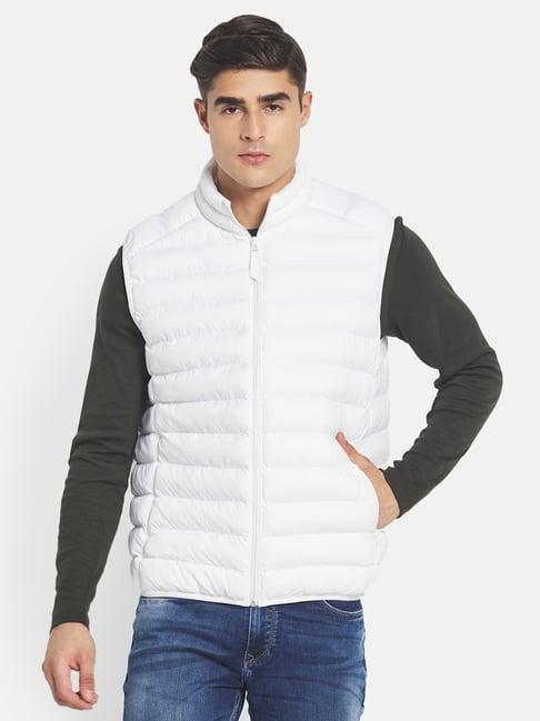 mettle white self design regular fit jacket