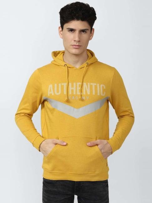 academy by van heusen yellow slim fit printed hooded sweatshirts