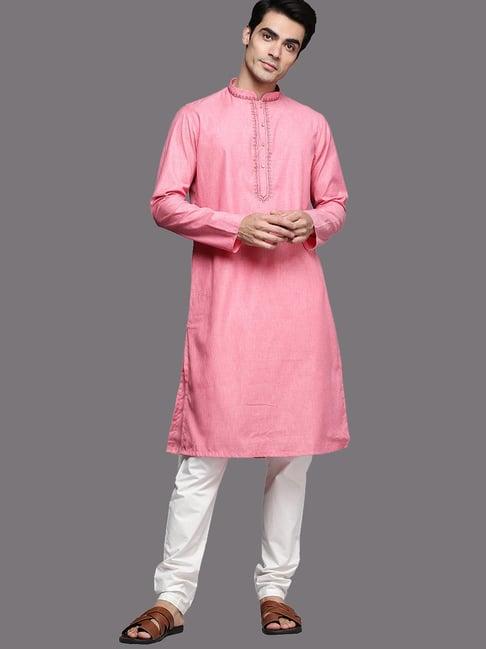 manyavar pink & off white regular fit kurta & pyjamas set