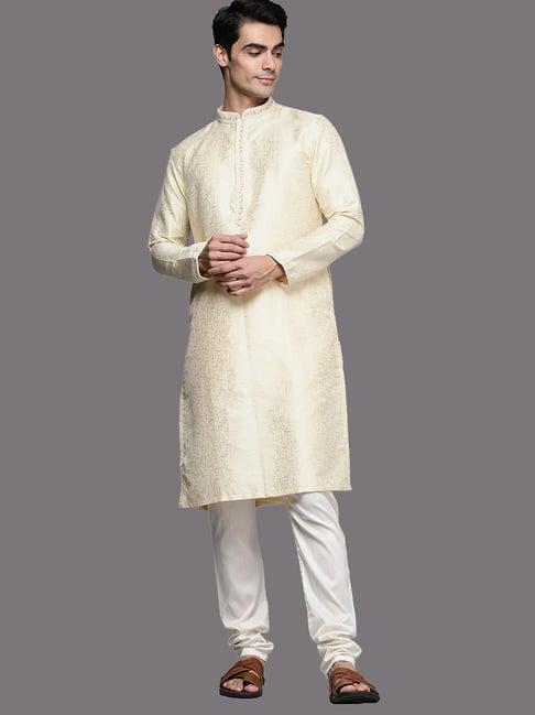 manyavar beige & light cream regular fit kurta & churidar set