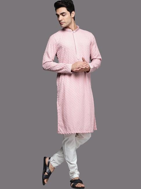 manyavar light pink & off white regular fit self design kurta & pyjamas set