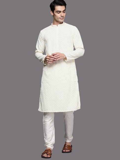 manyavar cream regular fit self design kurta & pyjamas set