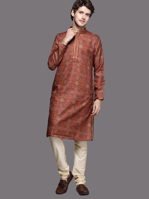 manyavar rust & beige regular fit self design kurta & churidar set