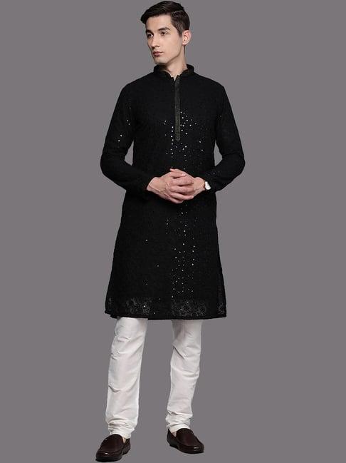 manyavar black & off white regular fit self design kurta & pyjamas set