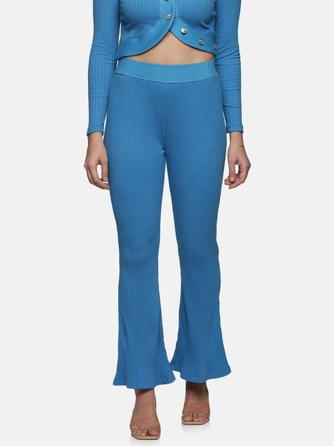 isu vivid blue cotton slim fit high rise pants