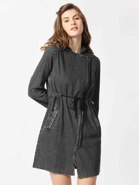 pepe jeans grey cotton regular fit wrap dress