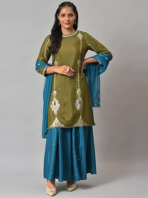 wishful by w green blue embellished kurti palazzo set with dupatta