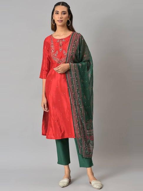 w red green embroidered kurta pant set with dupatta