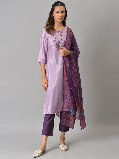 w purple embroidered kurta pant set with dupatta