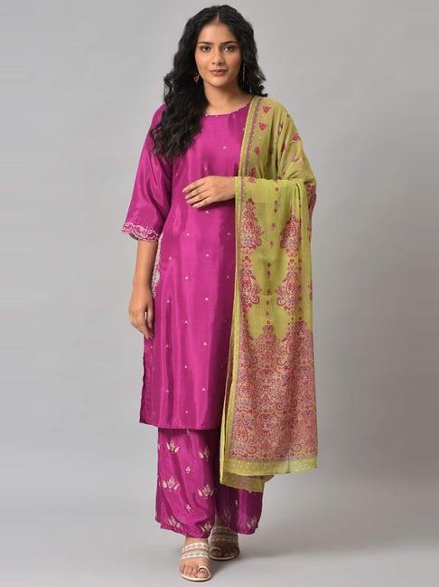 w purple embellished kurta palazzo set with dupatta