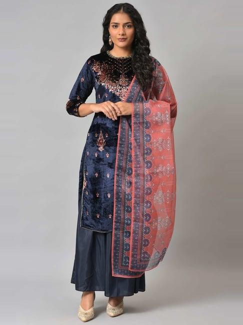 wishful by w navy embellished kurta palazzo set with dupatta