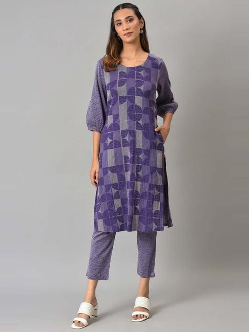 w purple geometric print kurta pant set