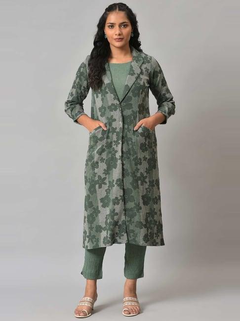 w green kurta pant set with jacket