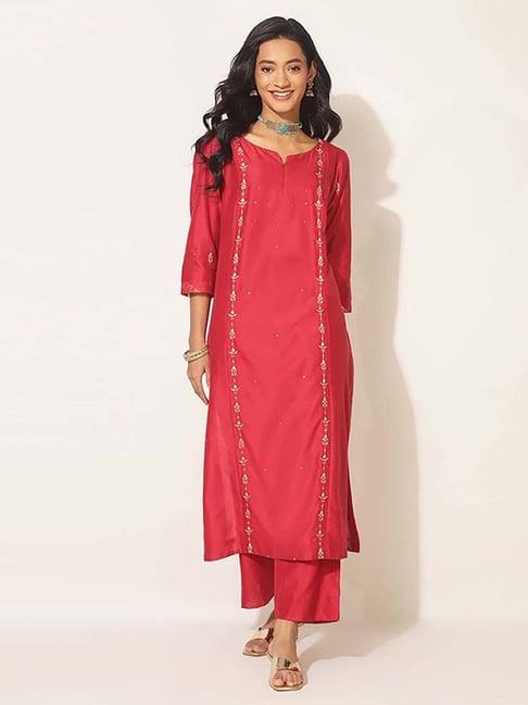 fabindia red embroidered kurta pant set