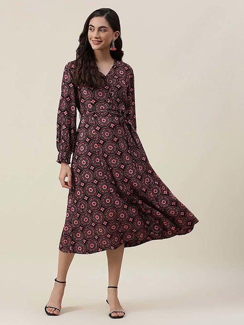 fabindia black & peach floral print a-line dress