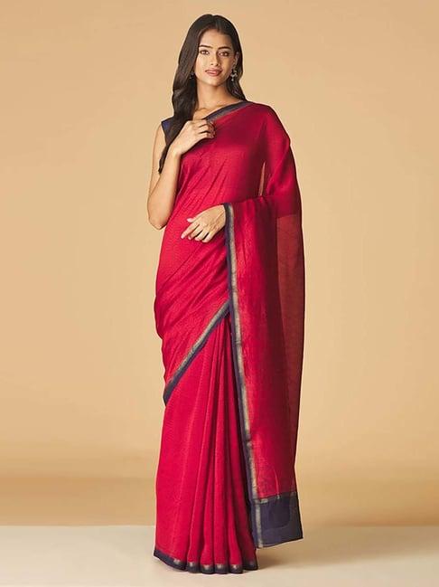 fabindia red printed saree without blouse