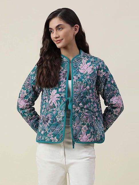 fabindia green cotton floral print jacket