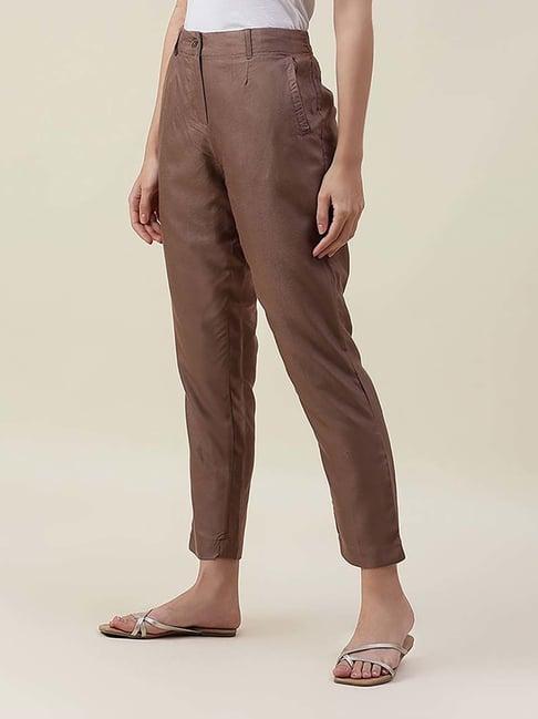 fabindia brown viscose silk solid slim fit trouser