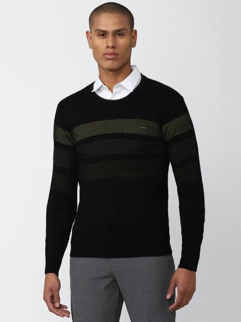 v dot black cotton slim fit striped sweater