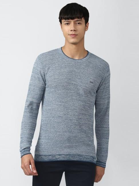 v dot blue cotton slim fit heathered sweater