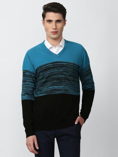 van heusen black & blue cotton regular fit colour block sweater