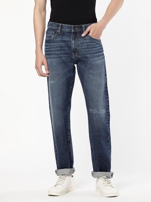 passion blue regular fit lightly washed distressed jeans