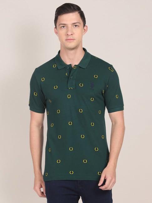 u.s. polo assn. dark green cotton regular fit printed polo t-shirt