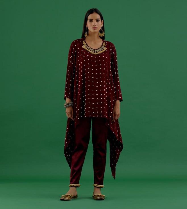 5 elements by radhika gupta maroon bandhani modal satin tunic