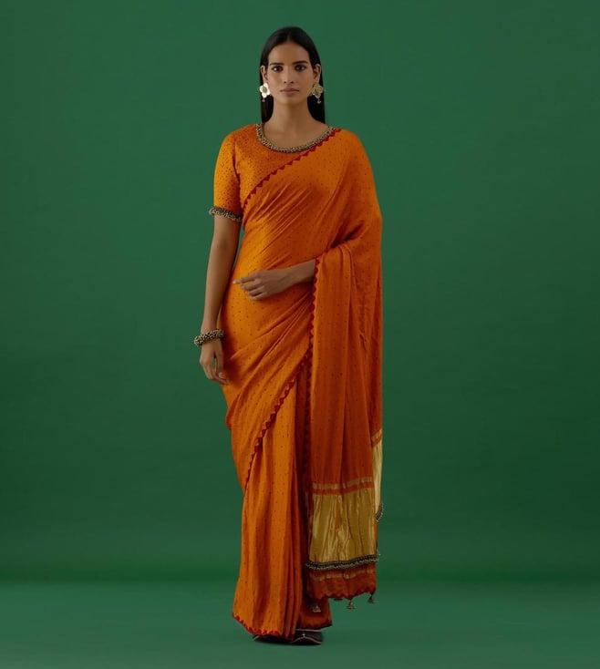 5 elements by radhika gupta orange bhandhej saree with ghugnroo embellished