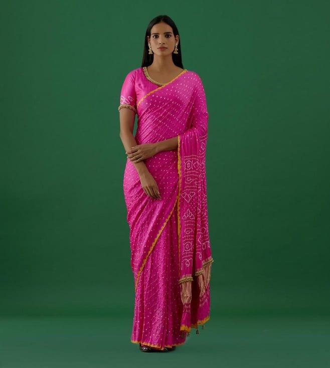 5 elements by radhika gupta pink bhandhej saree with ghugnroo embellished