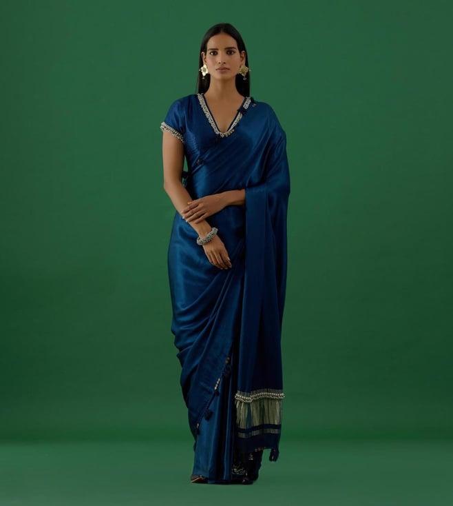 5 elements by radhika gupta blue modal satun saree with ghugnroo embellished