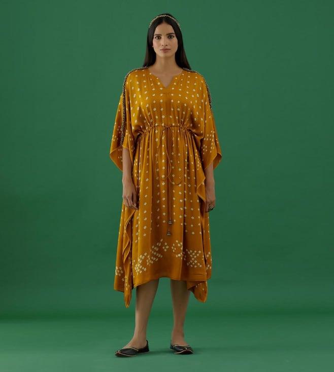 5 elements by radhika gupta yellow bandhani modal satin kaftan