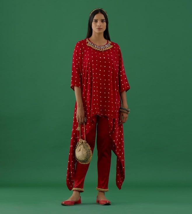 5 elements by radhika gupta red bandhani modal satin tunic