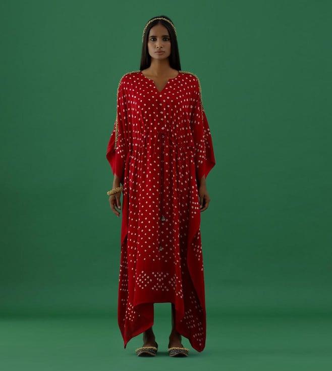 5 elements by radhika gupta red bandhani modal satin kaftan