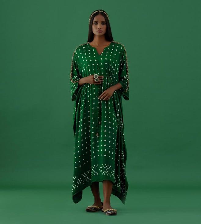 5 elements by radhika gupta green bandhani modal satin kaftan