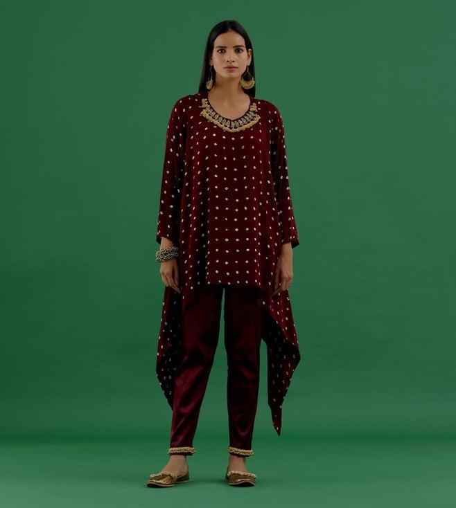 5 elements by radhika gupta maroon satin lycra ghungroo pants