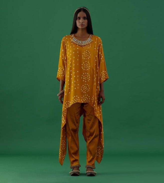 5 elements by radhika gupta yellow satin lycra ghungroo pants