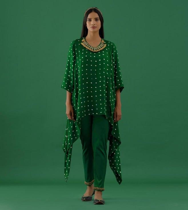 5 elements by radhika gupta green satin lycra ghungroo pants