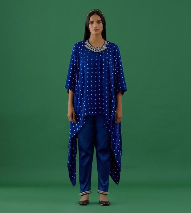 5 elements by radhika gupta royal blue satin lycra ghungroo pants