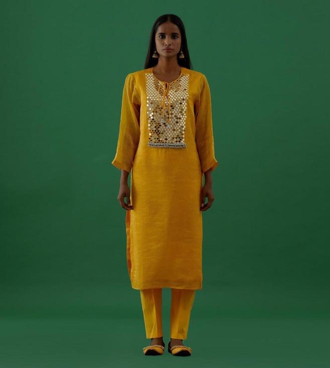 5 elements by radhika gupta yellow mirror work chanderi tissue silk kurta