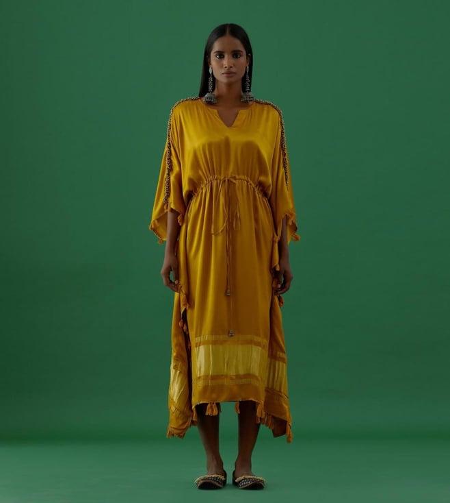 5 elements by radhika gupta yellow modal satin lagdi patta kaftan