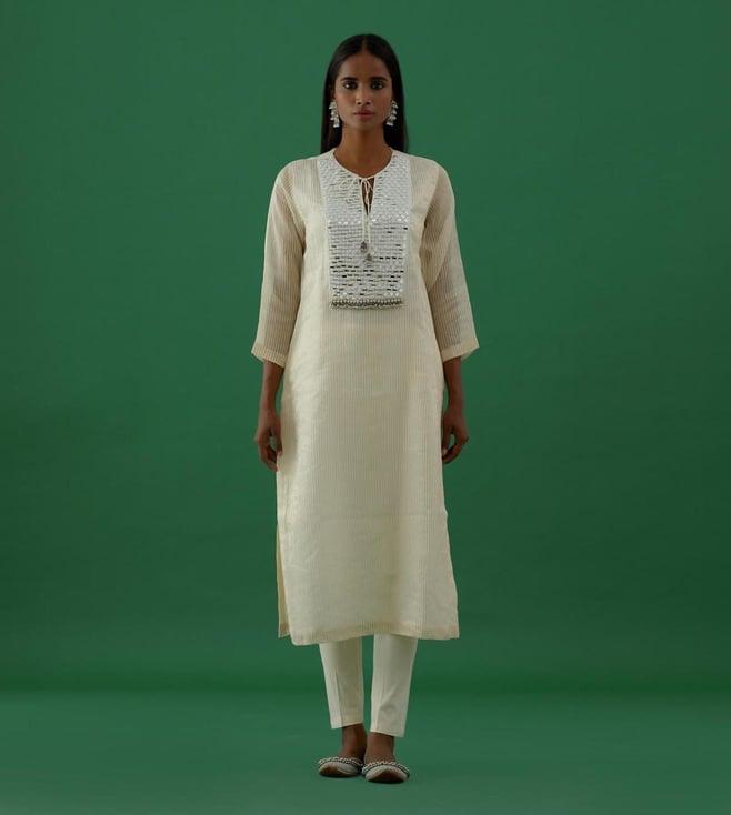 5 elements by radhika gupta white mirror work chanderi tissue silk kurta