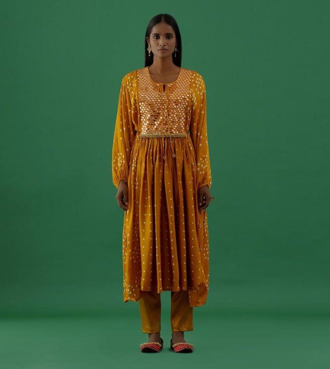 5 elements by radhika gupta yellow bhandhej anarkali mirror work kurta