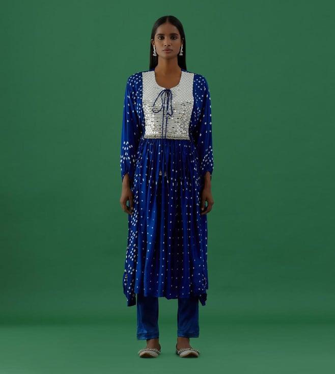 5 elements by radhika gupta blue bhandhej anarkali mirror work kurta