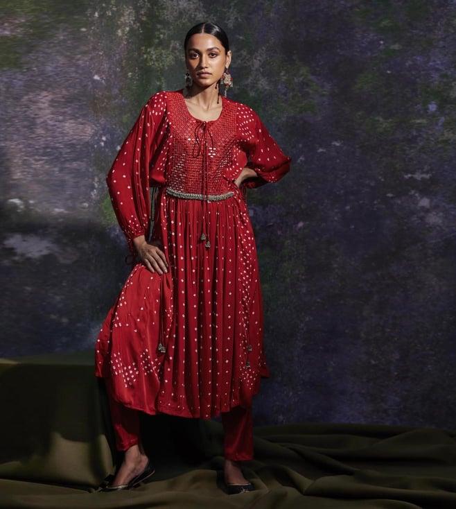 5 elements by radhika gupta red bhandhej anarkali mirror work kurta